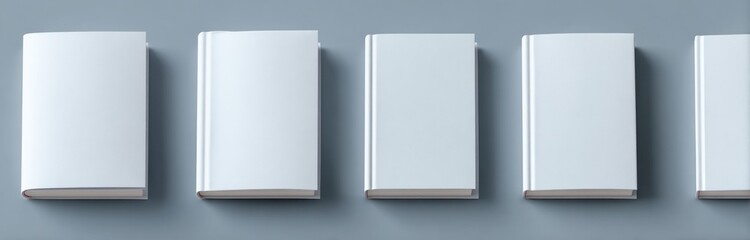 Five closed, blank, hardcover books stand in a neat row against a soft, light gray background