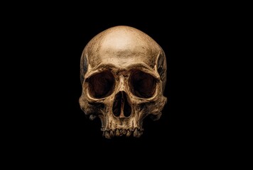 Golden skull with dark eye sockets against a dark backdrop. A morbid but beautiful image