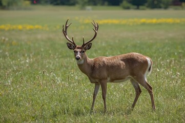 Obraz premium A big buck with white tail standing in a sunny meadow during summer in a park.
