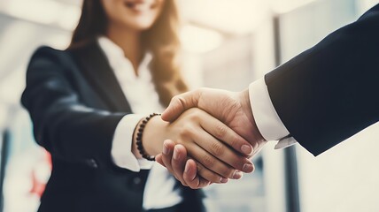 Man and woman shaking hands symbolizing successful business partnership and agreement completion.