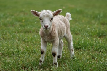 Obraz premium A newborn kid standing on lush grass with ample space for text, featuring nature, farm life, and youth