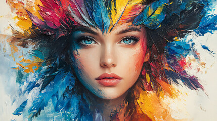 Vibrant mystical woman with colorful headdress in abstract portrait painting