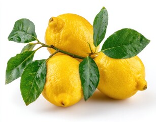 Three lemons connected by a branch with leaves, against a white background, showing texture and color variation