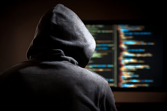 Hacker breaking system security working late at night - Powered by Adobe