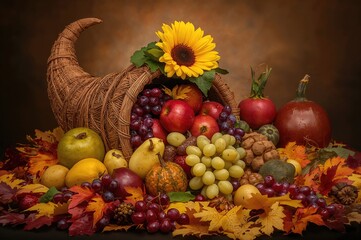 A bountiful harvest horn overflowing with fresh produce.