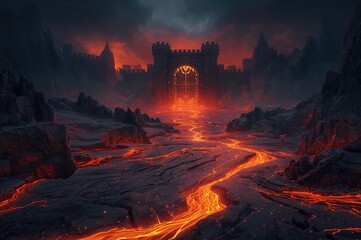 A molten lava stream flows beneath an eerie, hellish portal created with AI technology