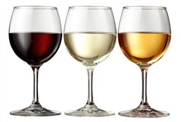 Three wine glasses with red, white, and yellow wine against a white background are arranged in a row