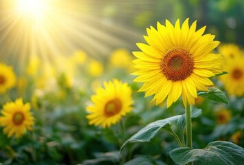 Obraz premium Sunbeams illuminate a radiant sunflower in a verdant field, its golden petals glowing, with blurred sunflowers receding into the background