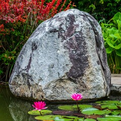 Large, gray-and-brown rock in a pond, pink water lilies beside