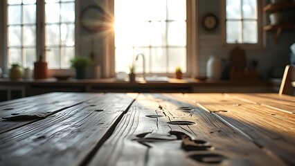 A rustic wooden table bathed in morning sunlight, creating a warm and inviting kitchen atmosphere.