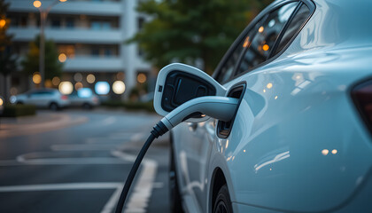Fototapeta premium A standard EV charger connected to a white electric car, highlighting the convenience of residential charging.