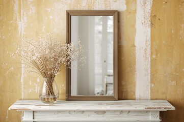 Close-up of dried flowers in a vase on a shelf with a mirror against a pale wall, showcasing a rustic spring vibe