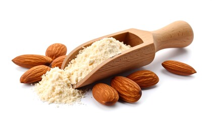 This macro captures a pile of ground food spilling from a small wooden scoop next to whole, shelled seeds