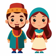 Central Asian Traditional Couple. A Charming Cartoon Illustration
