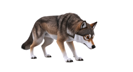 majestic 3d wolf model stalking predator, wilderness spirit, animated film asset, isolated on transparent background