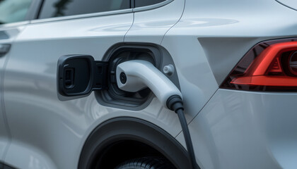 Fototapeta premium A close-up side view of a modern electric vehicle with a charging plug inserted, showcasing clean Scandinavian design and lines.