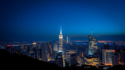 Fototapeta premium A city skyline illuminated at night with long exposure and deep blue tones.