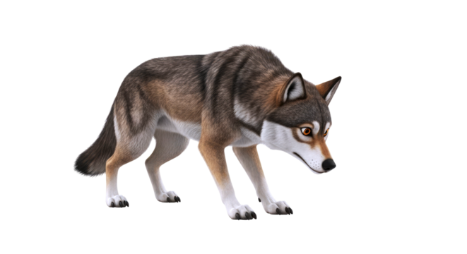majestic 3d wolf model stalking predator, wilderness spirit, animated film asset, isolated on transparent background