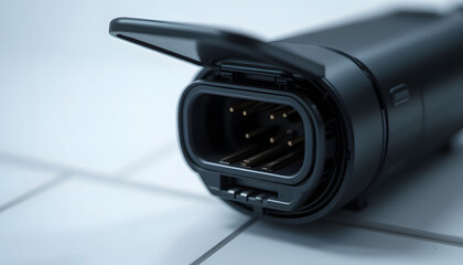 A detailed close-up on an electric vehicle's charging port, revealing the intricate rubber seal and connection pins.