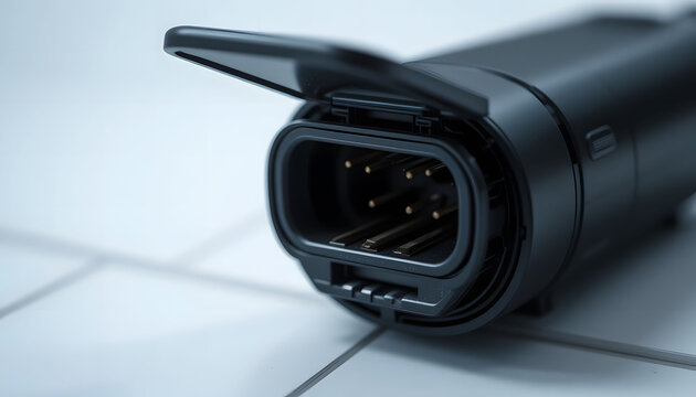 A detailed close-up on an electric vehicle's charging port, revealing the intricate rubber seal and connection pins.