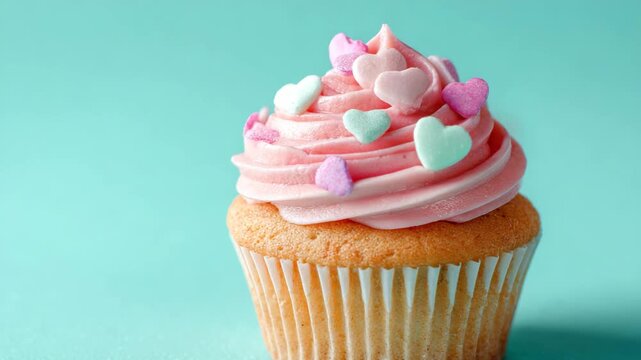Appealing cupcake features swirls of pink frosting topped with colorful heart-shaped sprinkles against a bright blue backdrop