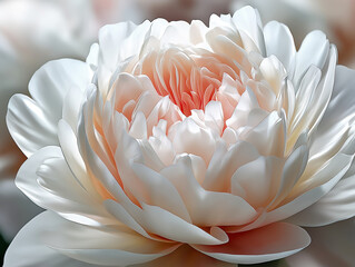 White peony flower with delicate petals, showcasing soft pink hues at the center, surrounded by lush greenery, representing beauty and nature's elegance in a serene environment