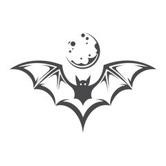 Isolated Silhouette Bat Flying Against Moon on White Background