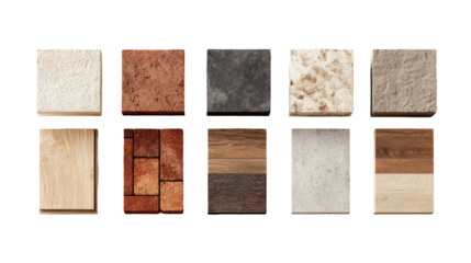 Nine square samples of various textured flooring and countertop materials