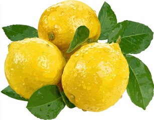 Three vibrant yellow lemons nestled among shiny green leaves, glistening with water droplets on a white backdrop