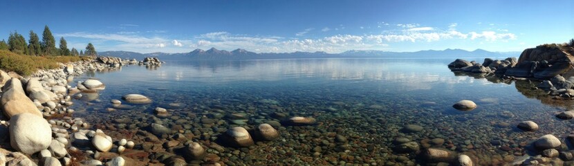 Scenic lake panorama rocky shores meet serene water, mountains loom distantly under a bright blue sky with scattered clouds