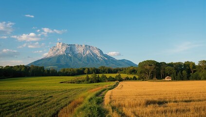Obraz premium A grand rocky peak towers over vibrant farmland, featuring a pale grey hue and flawless symmetry.
