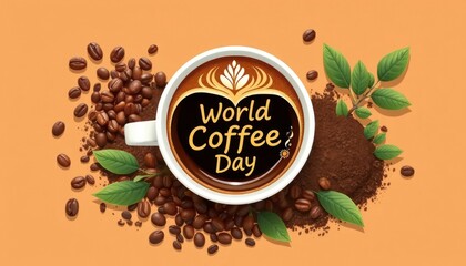 Celebrating World Coffee Day with Coffee Beans and Leaves