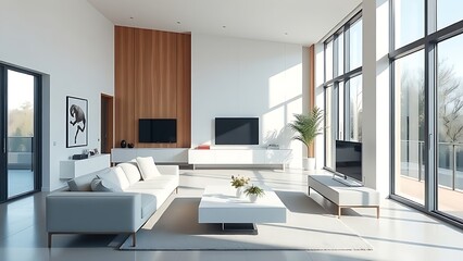 Modern living room showcasing minimalist design with clean lines and soft natural light from large windows.