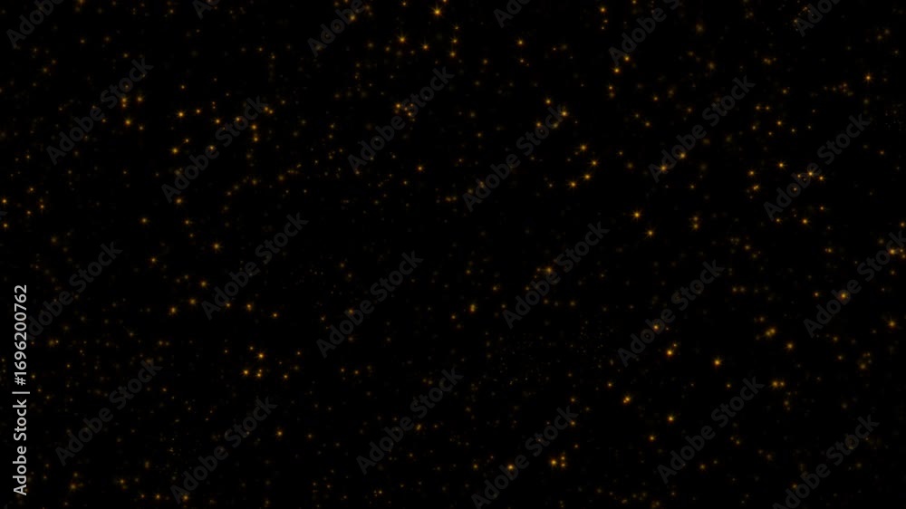 Sticker abstract animation loop glow gold stars particles flow from left to right on black background. 4k 3d