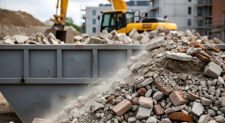 Demolition debris removal construction site excavator rubble waste disposal building renovation industrial machinery heavy equipment earthmoving recycling