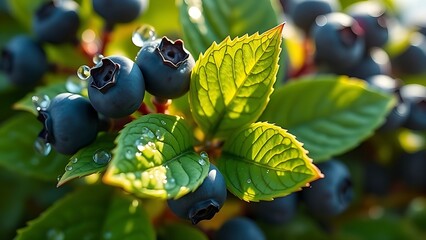 Close-up of vibrant blueberry leaves glistening with morning dew under natural sunlight.