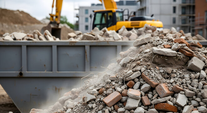 Demolition debris removal construction site excavator rubble waste disposal building renovation industrial machinery heavy equipment earthmoving recycling