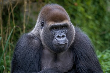 Obraz premium A gorilla deep in thought at the animal park