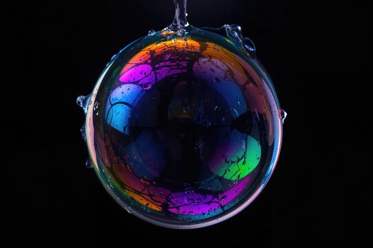 Macro shot of a soap bubble displaying iridescent hues against a black backdrop