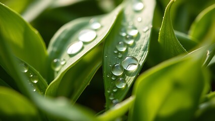 Close-up of fresh tea leaves with morning dewdrops, showcasing natural botanical details.