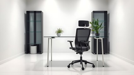 Sleek modern office environment with clean lines, an ergonomic chair at a glass desk, and a potted plant accent.