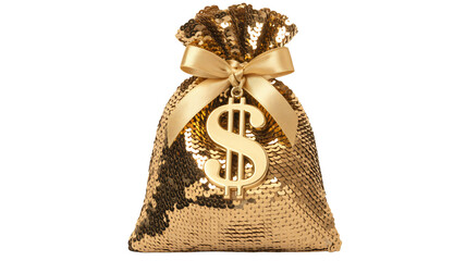 Sparkling gold money bag with dollar sign charm and ribbon