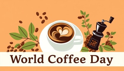 Celebrating World Coffee Day with Coffee Cup and Beans