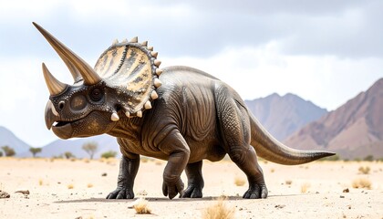 A majestic, three-horned dinosaur creature stands proudly in a desolate, arid landscape. The creature's skin showcases textured detail against a background of rolling mountains