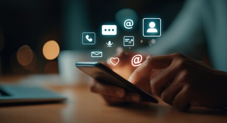 Hands holding a phone with floating icons; illuminated by soft, warm light, resting on a wooden surface with blurred background