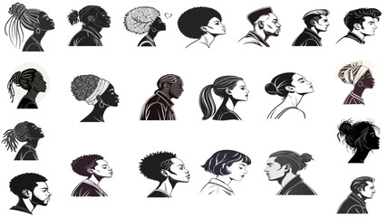Naklejka premium 21 silhouette hairstyles of people of different races.