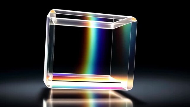 A mesmerizing translucent cube with rounded edges, illuminated by warm, golden light, casting reflections on a dark, polished , creating an elegant and abstract visual.
