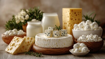 Assorted cheeses and dairy products on a wooden table