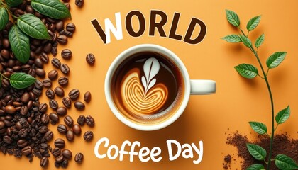 Celebrating World Coffee Day with Coffee Cup and Beans