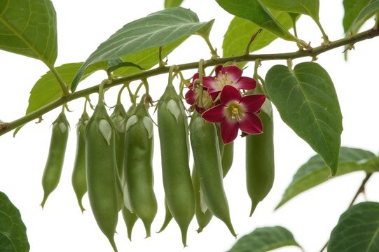 Fresh flat pods of Lablab purpureus with vibrant crimson and white blossoms attached to the stem